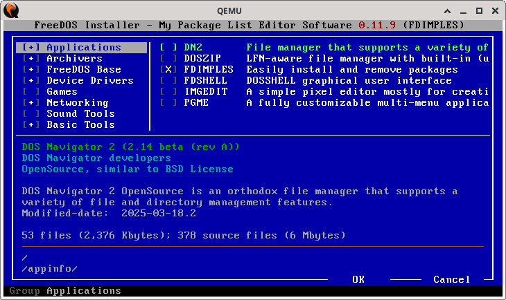 Package manager in its default startup mode, it is white text on a blue background