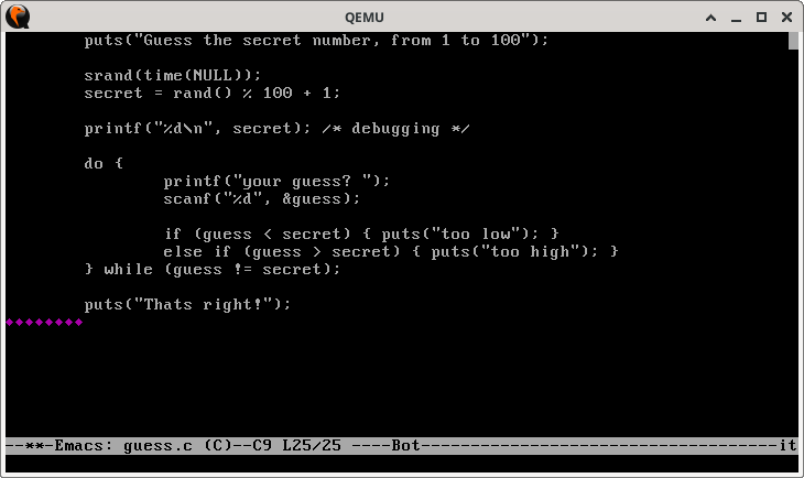 freemacs editing a guess.c program