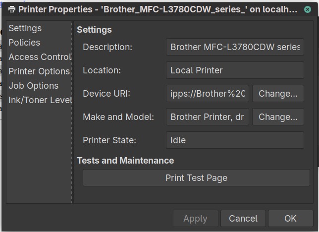 CUPS printer interface for Brother MFC - L3780 printer