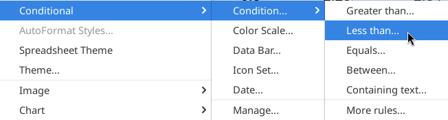 Using the menu to create a condition that is less than a value