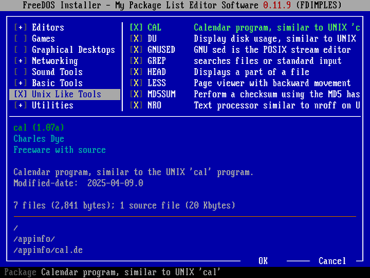 A program with a blue background showing a list of programs that can be installed; the "unix like tools" group is selected