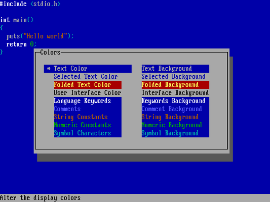 An editor with a blue background, showing a configuration menu to set the screen colors