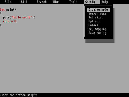An editor in black and white, showing a menu with the Config item selected