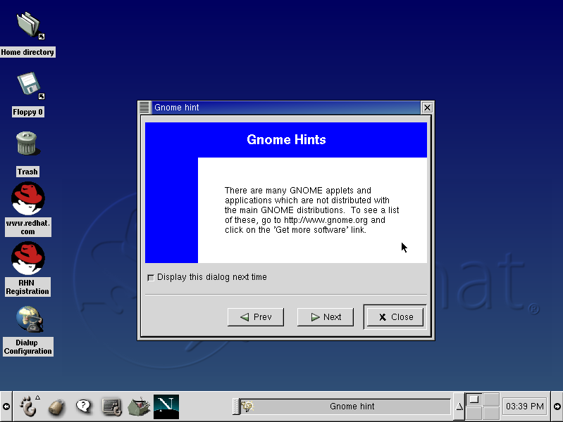 GNOME 1 on Red Hat Linux 7, with a task bar at the bottom