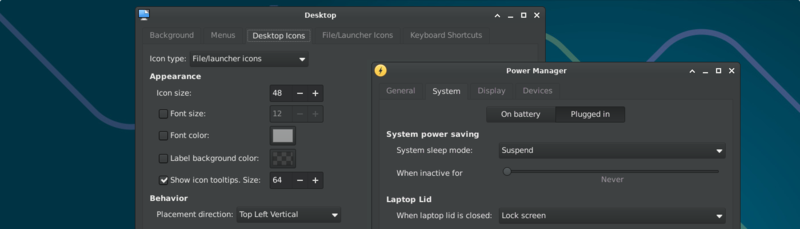 Two windows on Xfce: Desktop settings and Power Manager settings