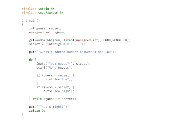 Source code for a C program where the user guesses a secret number