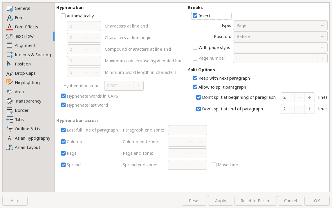 The "Text Flow" tab to insert a new page before the table of contents