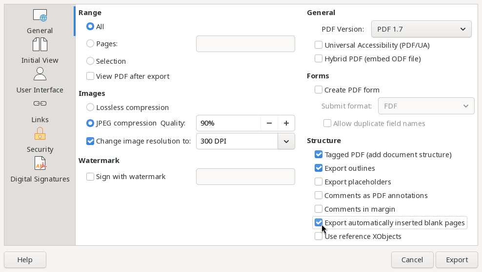 The "Export" menu to save the master document as a PDF file