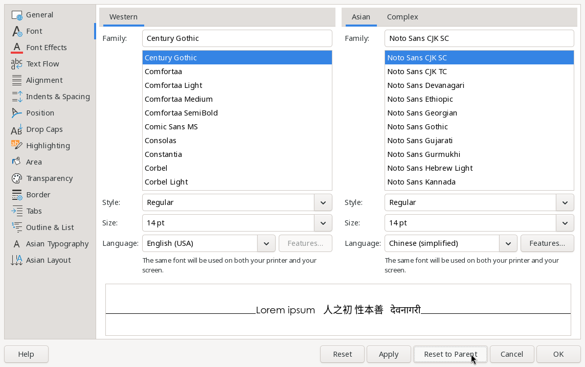 The "Font" tab to change the font to Century Gothic