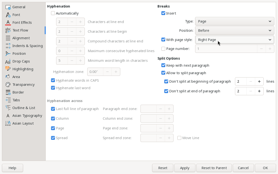 The "Text Flow" tab to insert a new page with "Right Page" style after the heading