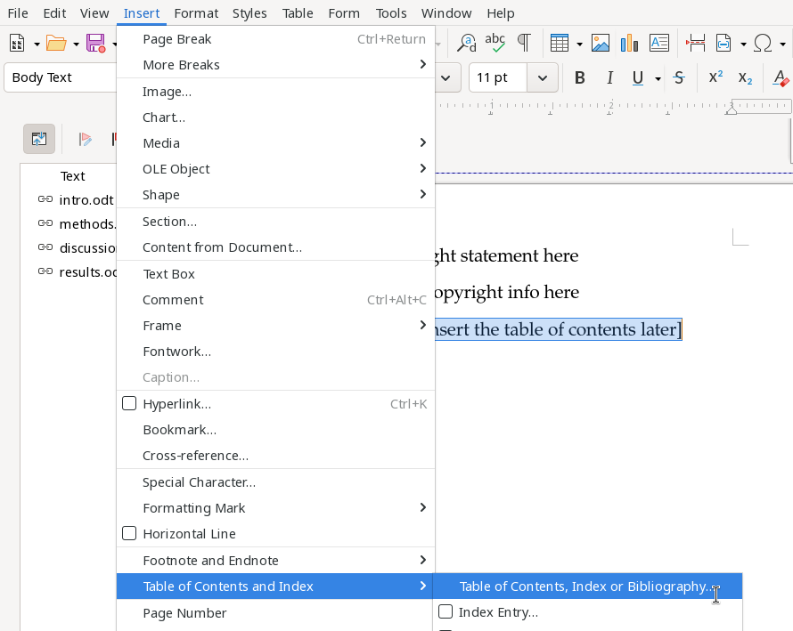 The "Insert" menu to add a table of contents
