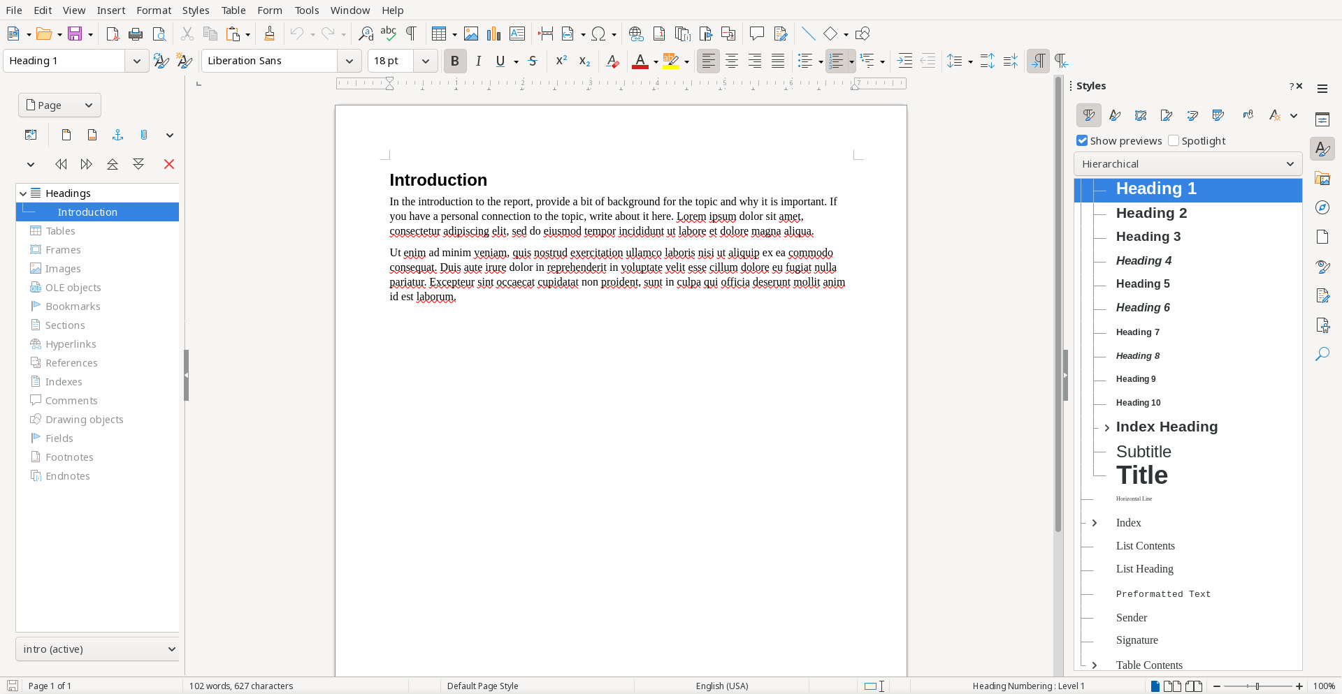A LibreOffice document with the introduction to a report