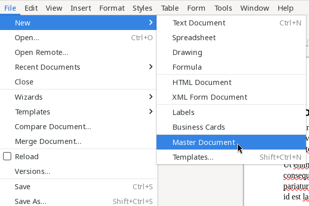 The "File" menu to start a new master document
