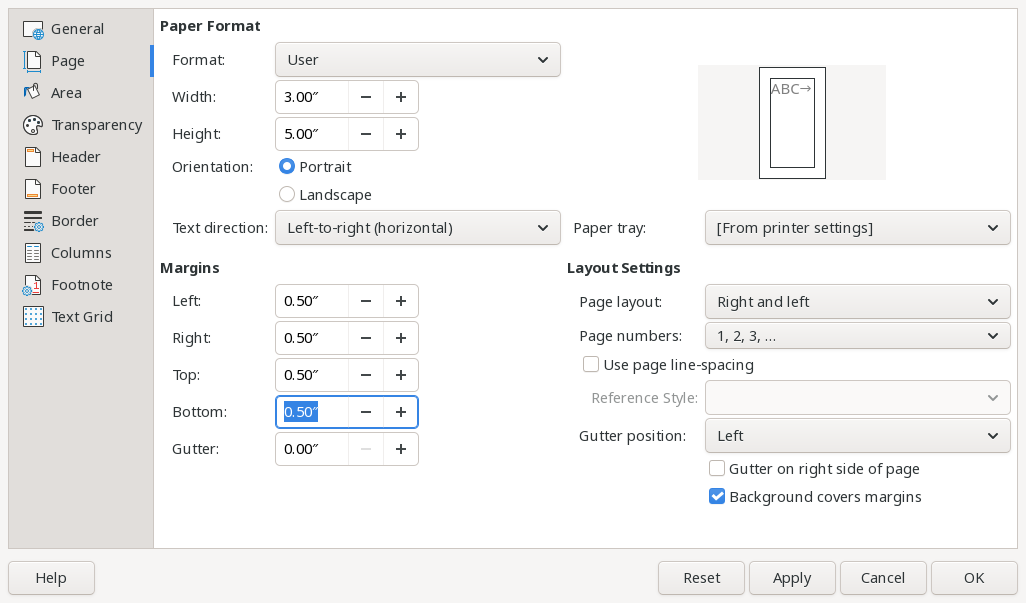 The "Page" tab to define the page size as 3x5 inches