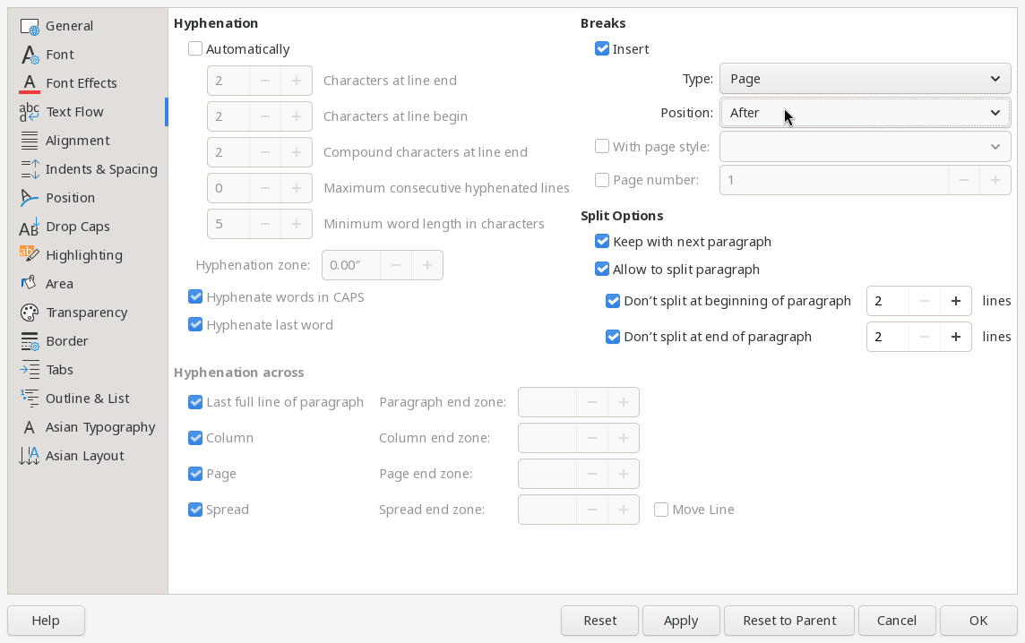 The "Text Flow" tab to insert a page break after the subtitle
