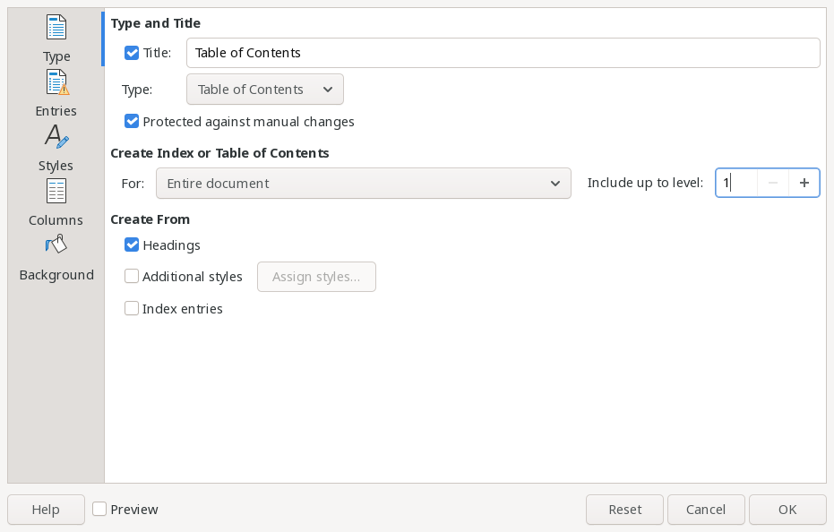 The pop-up window to create a table of contents
