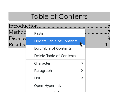 The drop-down menu to update the table of contents