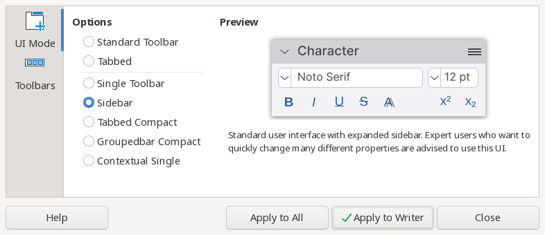 The LibreOffice menu to change to the Sidebar view