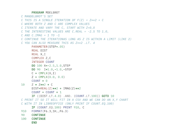 Source code for a FORTRAN 77 program that generates the Mandelbrot data set