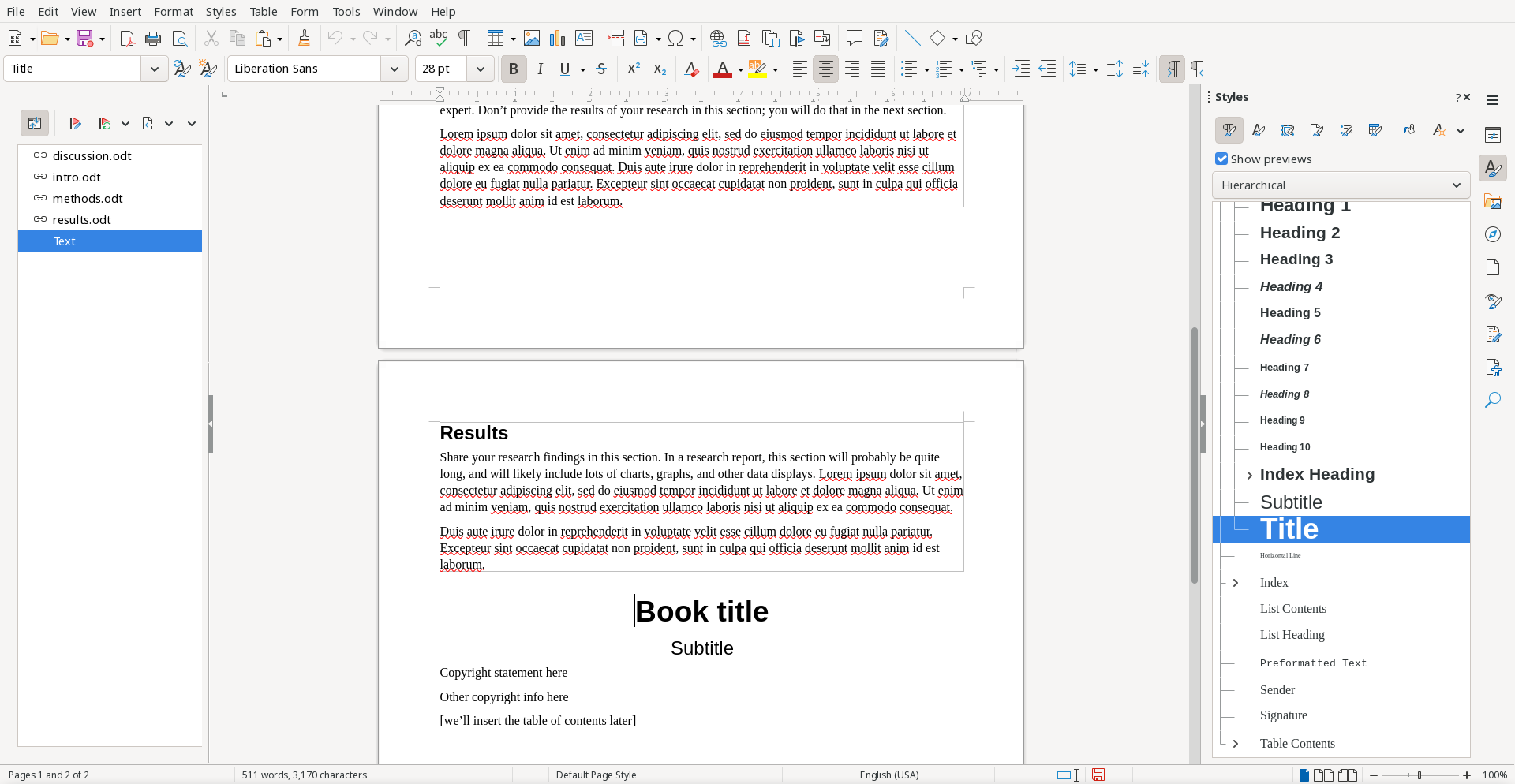 The master document shows the chapter content before the "front page" content