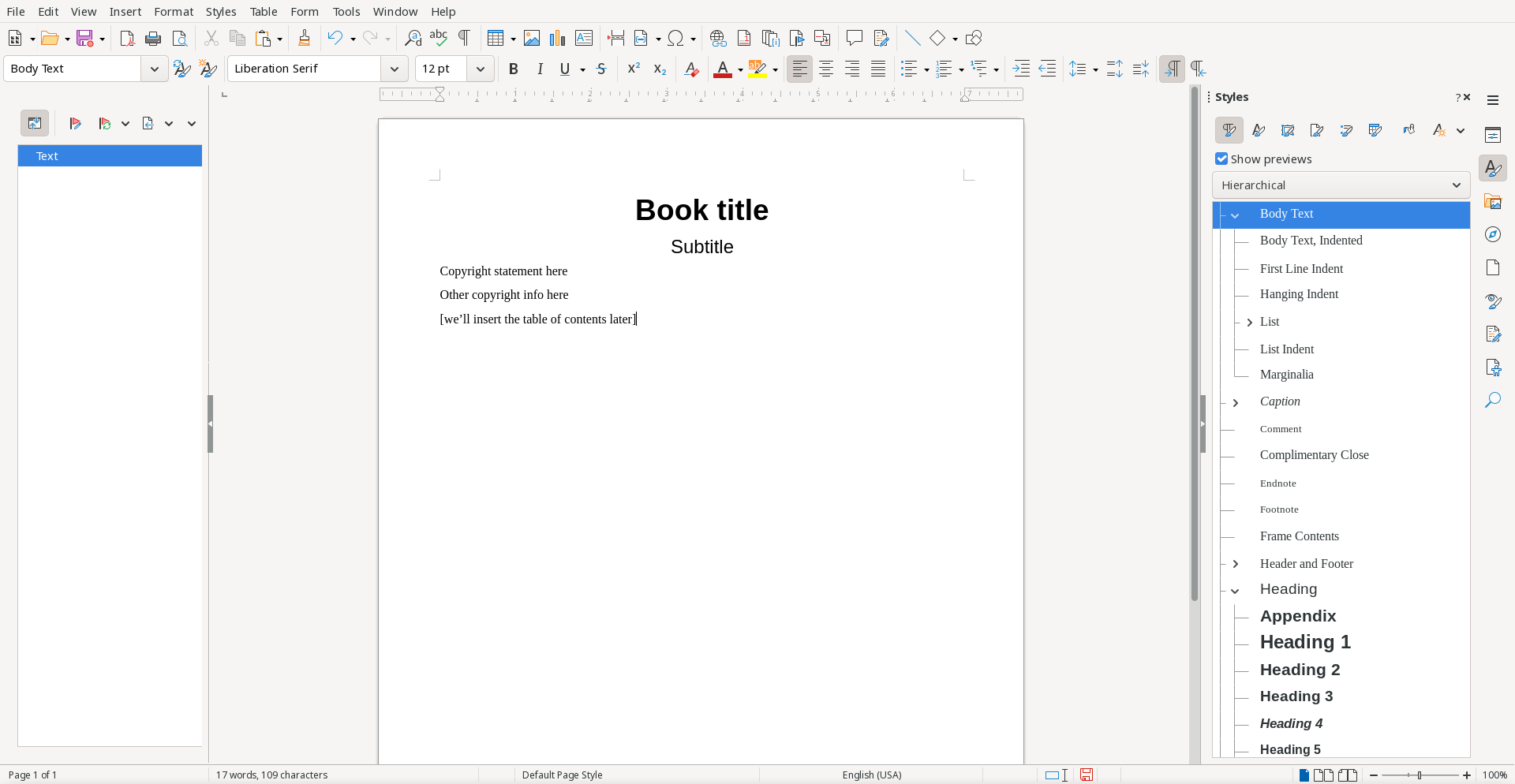 A new document with placeholder content for the title, subtitle, copyright, and table of contents