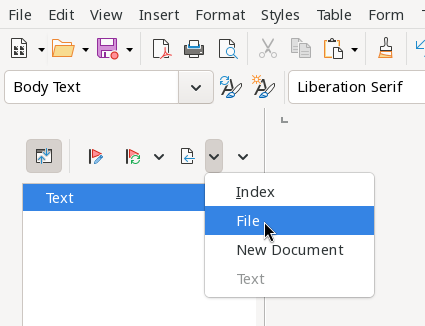 Using the navigator to insert new files in a master document