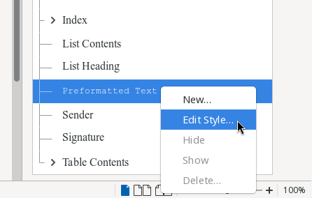 Right-click on "Preformatted Text" style and select "Edit Style" to choose a new font