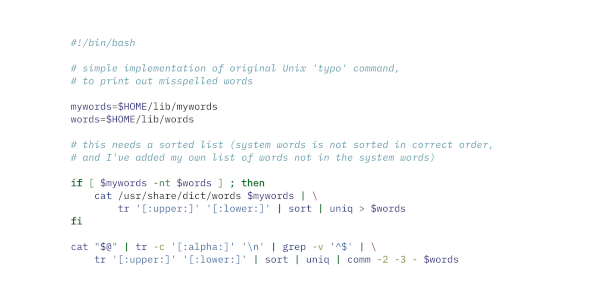 Source code for a Bash script that finds misspelled words