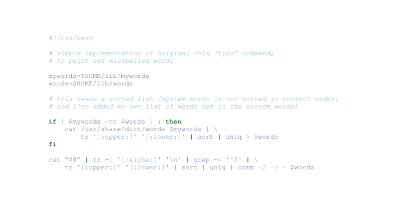 Source code for a Bash script that finds misspelled words