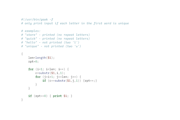 source code for a Gawk script that prints words without repeated letters
