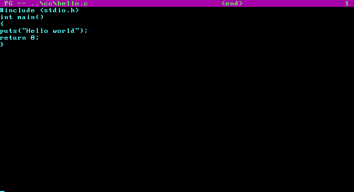 black screen with purple banner and cyan text, showing a "hello world" program