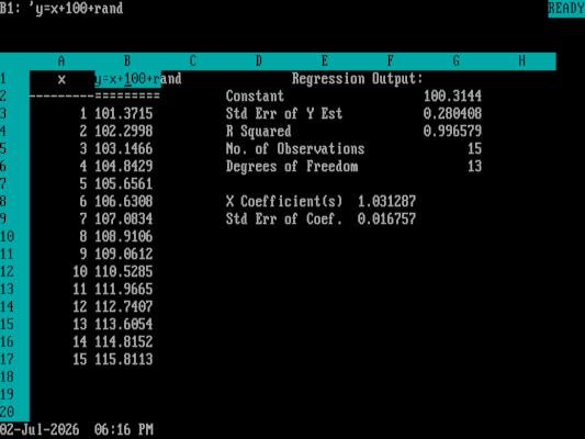 spreadsheet program showing a linear regression