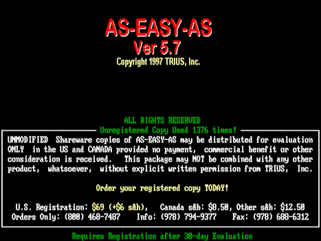 start-up screen showing "unregistered copy used 1376 times"