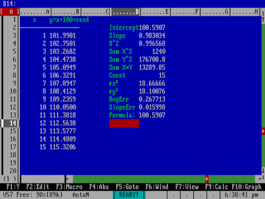 spreadsheet program showing a linear regression