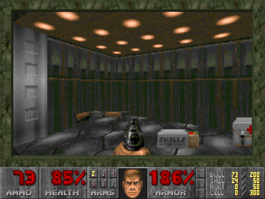 first person view of a hand holding a gun in an alien environment