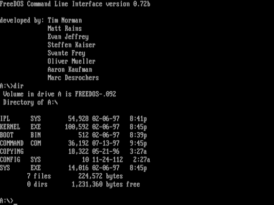 white text on a black background: file listing of a boot floppy