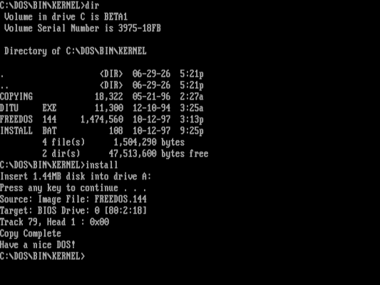 white text on a black background: a command to install a kernel on a floppy