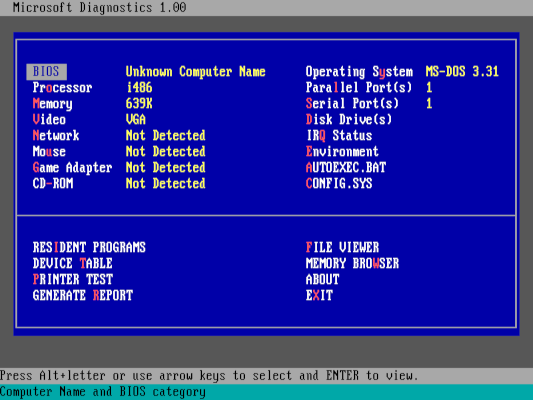 diagnostic program showing operating system details