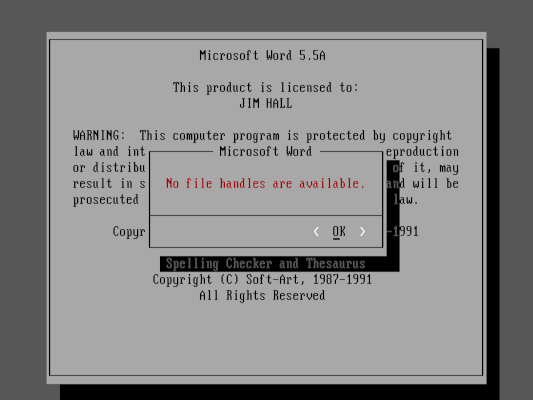 error message showing "no file handles are available"