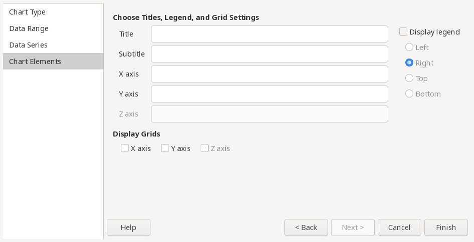 a dialog box showing options for chart elements; the legend and grids are both left unmarked
