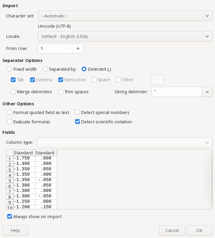 a dialog box showing options to import data into a spreadsheet: the data is in 2-column format
