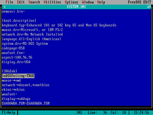 editing a file in a text editor, the line "InDOSPolling=TRUE" is highlighted