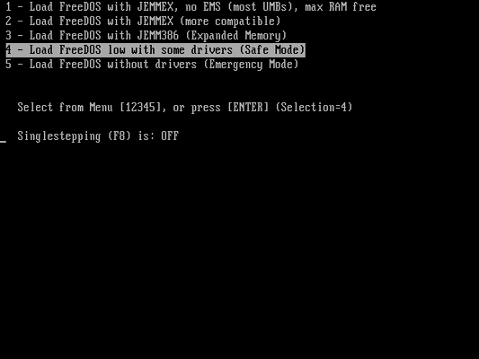 a computer menu with white text on a black background; menu item 4 is selected: Load FreeDOS low with some drivers