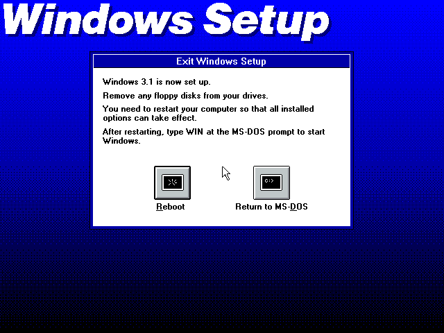 a program install screen: Windows 3.1 is now set up