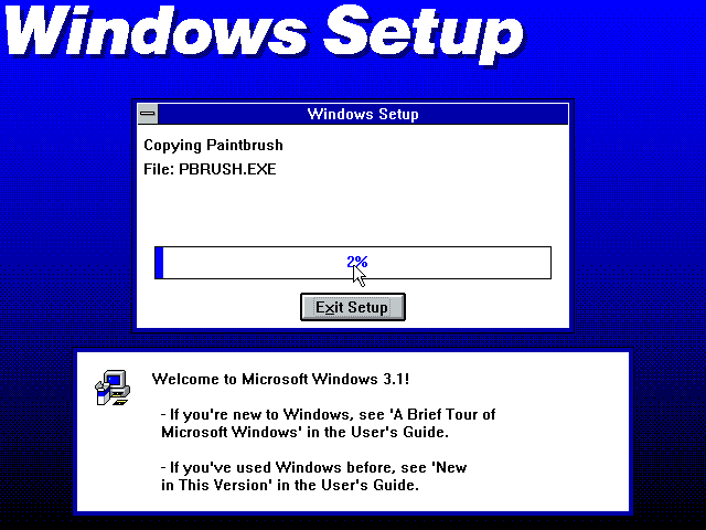 a program install screen: copying Paintbrush at 2%