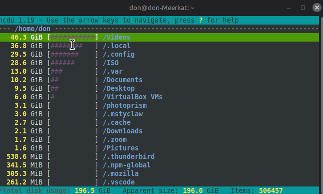 Screen picture of the output of the ncdu command. 