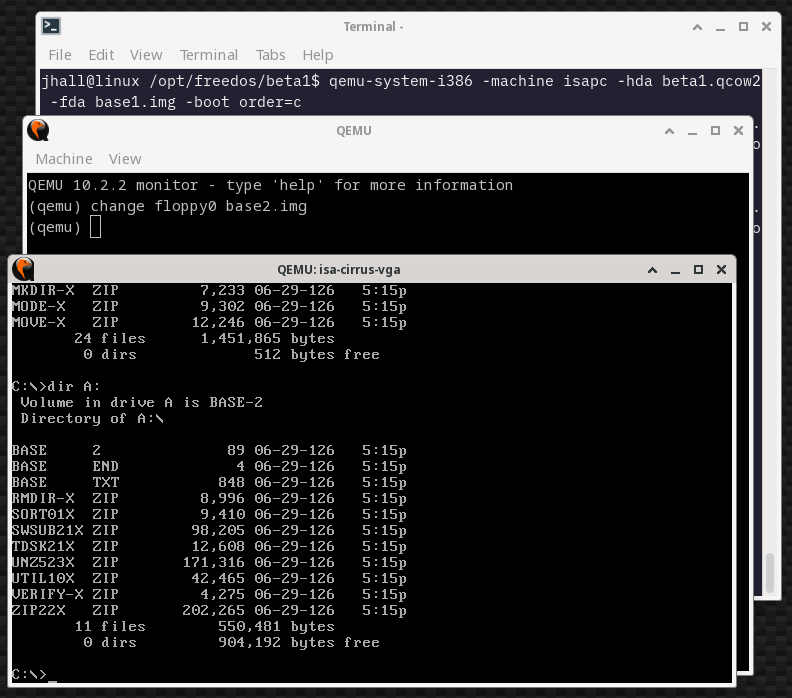 3 application windows for the QEMU emulator