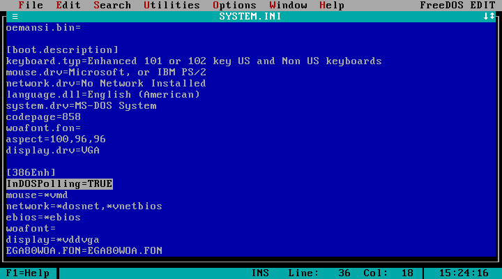 editing a file in a text editor, the line "InDOSPolling=TRUE" is highlighted