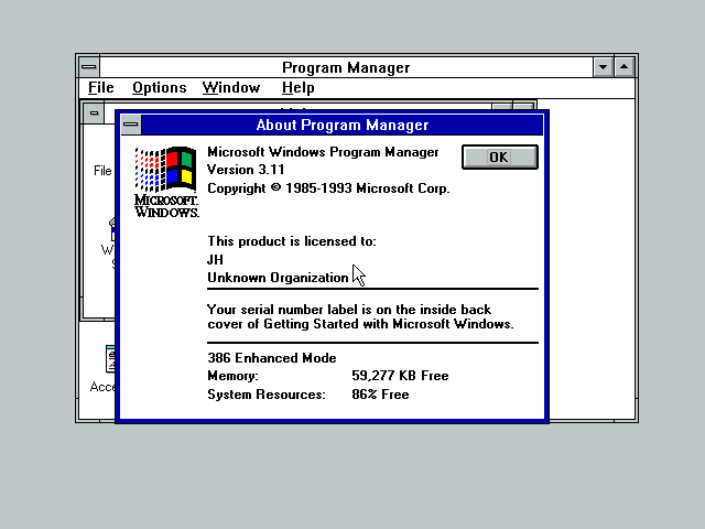 a computer information screen: Windows 3.11 in 386 Enhanced Mode