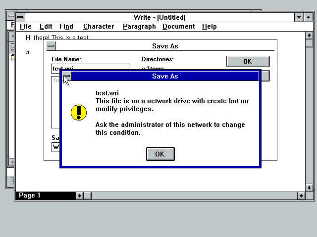 an error message: This file is on a network drive with create but no modify privileges